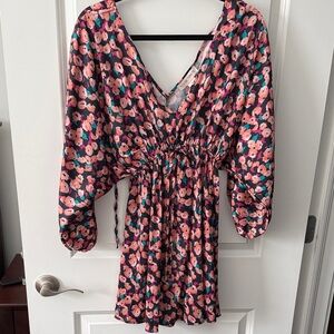 Flying Tomato Pink Floral Mini Dress with Teal Accents on Black